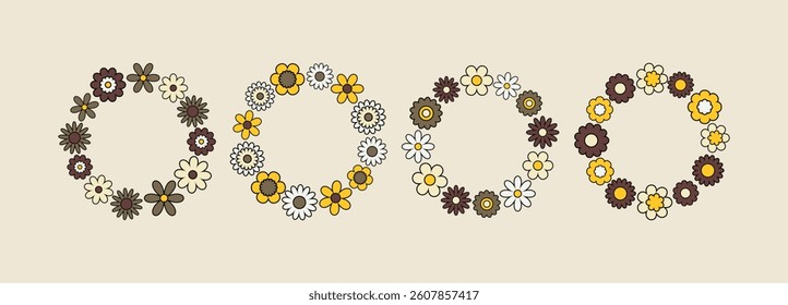 Set of flower circle frame. Botanical round border, wreath with flowers illustration for wedding invitation, etc.
