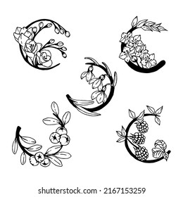 set of flower circle logo emblem with hand drawn botanical illustrations, isolated on white background