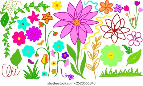 set of flower colorful hand drawn doodle isolated on transparent background. Vector illustration