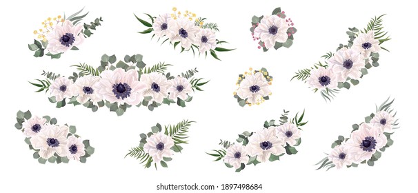 Set of flower compositions. White anemones, eucalyptus, gypsophila, green plants and leaves. Flowers on a white background.