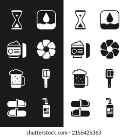 Set Flower, Cream or lotion cosmetic tube, Sauna hourglass, Water drop, Wooden beer mug, brush,  and slippers icon. Vector