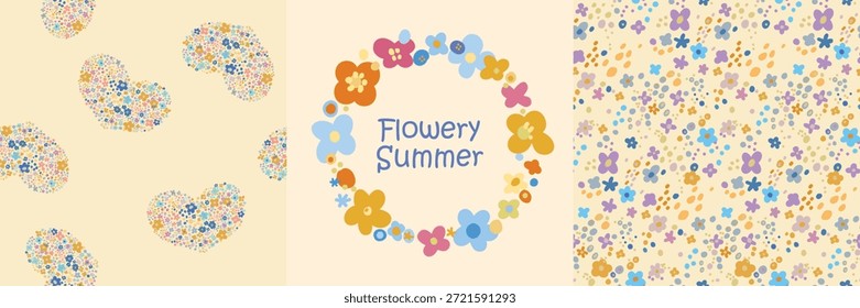 Set with flower and Cute wreath with different colors of flowers with the inscription for little girls prints. Vector illustration