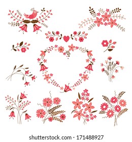 Set of flower design elements isolated over white