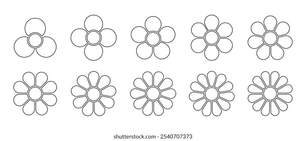 Conjunto de diagramas de flores com núcleos e pétalas. Gráficos de pizza divididos em segmentos iguais em formas de folha isoladas no plano de fundo branco. Modelos florais para apresentação de dados. Ilustração de contorno de vetor.