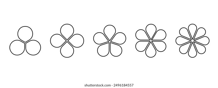 Conjunto de diagramas de flores divididos en secciones iguales. Colección de gráficos circulares con pétalos aislados sobre fondo blanco. Plantillas florales para la presentación de datos. Vector ilustración gráfica.