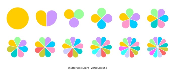 Set of flower diagrams divided on equal sections from 1 to 12. Floral pie charts with colorful leaves isolated on white background. Round-shaped templates for data presentation. Vector illustration.