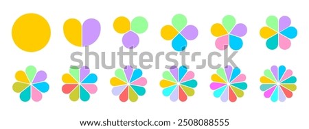 Set of flower diagrams divided on equal sections from 1 to 12. Floral pie charts with colorful leaves isolated on white background. Round-shaped templates for data presentation. Vector illustration.
