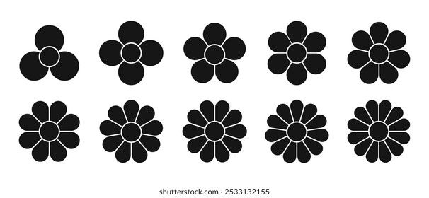 Conjunto de diagramas de flores con pétalos y núcleo. Gráfico circular floral dividido en segmentos iguales en Formas de hojas aisladas sobre fondo blanco. Plantillas para la presentación de datos. Vector ilustración gráfica.