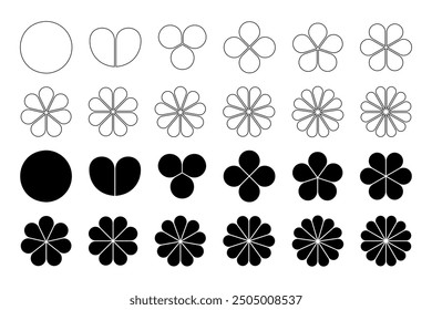 Conjunto de diagramas de flores con pétalos. Gráfico circular dividido en segmentos iguales en Formas de hojas aisladas sobre fondo blanco. Diseños florales para la presentación de datos. Vector ilustración gráfica.