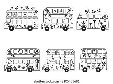 Set of flower different bus. Collection of floral transport english bus, hippie vintage bus, etc. Cute transport. Vintage auto with flower. Spring design for card. Vector illustration on white backgro