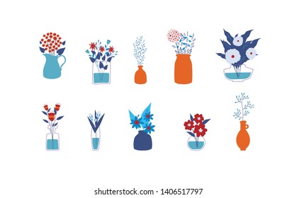 set of flower in different vase white background