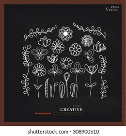 Set of flower doodles on chalkboard.flower doodle.vector illustration.