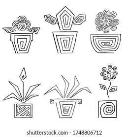 Set of flower doodles. Simplified concept of home plants in pots. Texture for design printing. Icons for web design