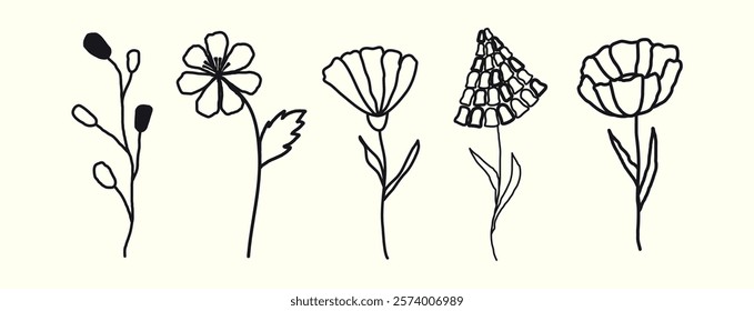 Set of flower elements. Brush. Charcoal and crayon. Drawing. Scribble. Melted paint. Ink. Freehand. Splash. Grunge texture. Trendy minimalism collection shape. Hippie tattoo plant. Branch herb. Floral