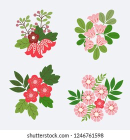 Set  flower elements, flat design, bouquet of flowers, multi-colored, abstract, hand drawing, vector illustration