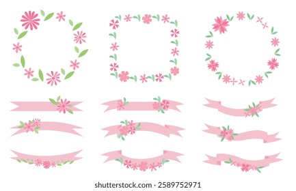  Set of flower elements. Flower frames, garland and decoration. Vector illustration.