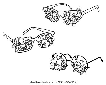 Conjunto de anteojos de flores.Colección de gafas de sol retro estilizadas con flor. Accesorios decorativos para mujeres. Ilustración vectorial sobre fondo blanco.