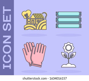 Set Flower, Farm House concept, Garden gloves and Wooden box icon. Vector