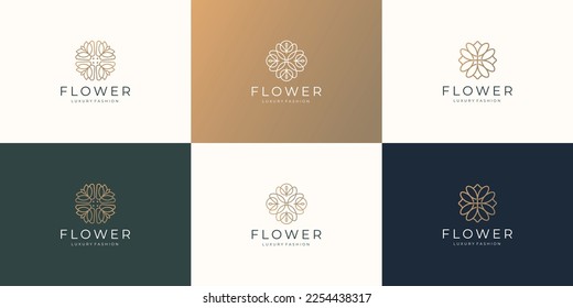 set of flower feminine design. icon floral logo set line minimalist with golden color inspiration.