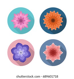 Set Flower Flat Icon with shadow. Vector Icon