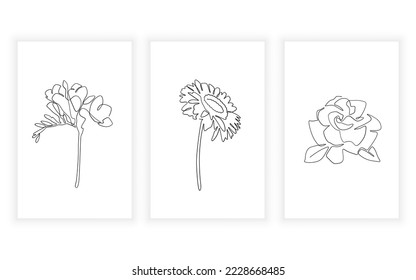 conjunto de arte floral y floral , línea continua. para diseño de logotipo gardenia gerbera freesia flor