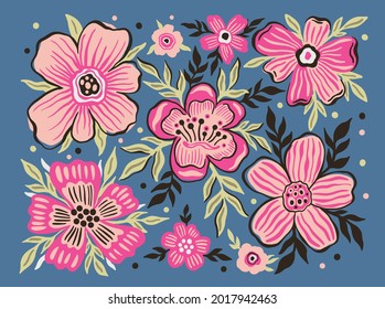 Set flower floral stylized paint hippie style.Collection plant buds floral abstract. Vector illustration.