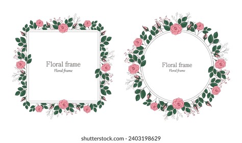 A set of flower frames with roses and leaves, floral frames in Victorian style.