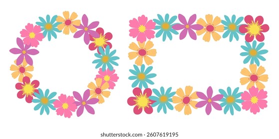 Set of flower frames for text. Round and rectangular wreath. Border colorful cute flowers hand drawn. Great for posters, cards, promotions, banners, greetings, print, birthday, invitations.