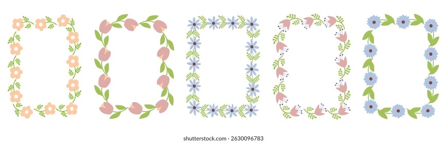 Set of flower frames. Wreath with flowers. Floral frame, hand drawn simple cute botanical round frame.