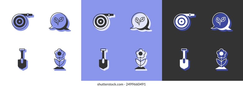 Set Flower, Garden hose, Shovel and Leaf icon. Vector