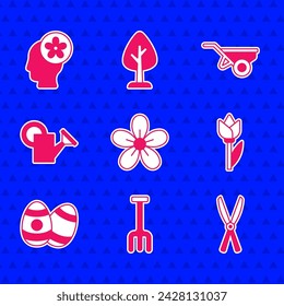 Set Flower, Garden rake, Gardening handmade scissors, tulip, Easter egg, Watering can, Wheelbarrow with dirt and Human head flower inside icon. Vector