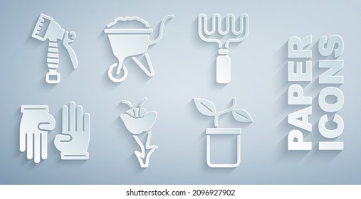 Set Flower, Garden rake, Rubber gloves, Plant in pot, Wheelbarrow with dirt and Water spray bottle icon. Vector