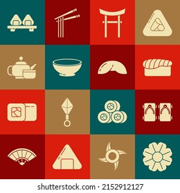 Set Flower, Geta traditional Japanese shoes, Sushi, Gate, Bowl of hot soup, tea ceremony, cutting board and Chinese fortune cookie icon. Vector