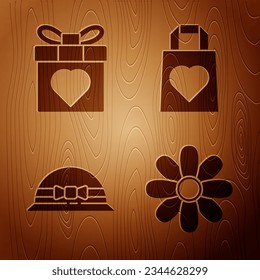 Flor, caja de regalo y corazón, sombrero femenino elegante y bolsa de compras con corazón sobre fondo de madera. Vector