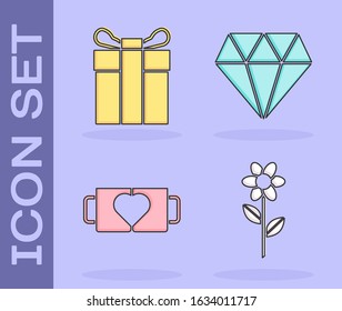 Set Flower, Gift box, Two coffee cup and heart and Diamond icon. Vector