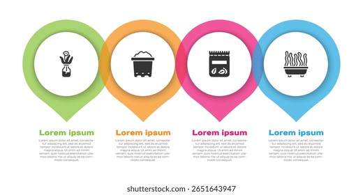 Set Flower in glass bottle, Pot with soil, Pack full of seeds of plant and Plant pot. Business infographic template. Vector