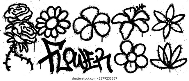 Set flower graffiti spray paint. Collection of rose, daisy, frangipani, hibiscus, jasmine, lotus Isolated Vector