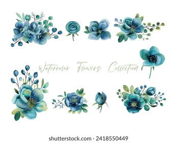 conjunto de flores verdes y hojas aisladas