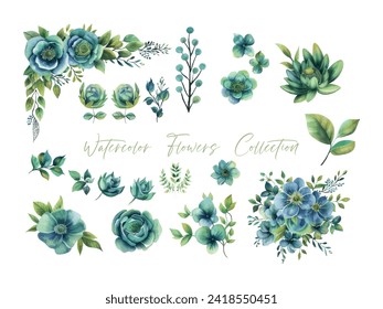 set of flower green and leaf isolated