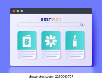 Set Flower, Greeting card with 8 March and Lipstick icon. Vector