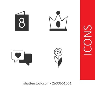 Set Flower, Greeting card with 8 March, Heart speech bubble and King crown icon. Vector