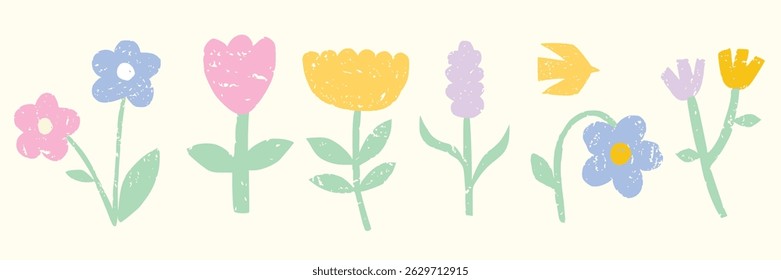 Definir o vetor de lápis de cera desenhado à Mão da Flor. Criança cor giz de cera mão desenhado com folha de planta, flor de primavera. Exemplo simples de rabiscar floral pastel. Sucursal de escova, flores, vetor floral botânico