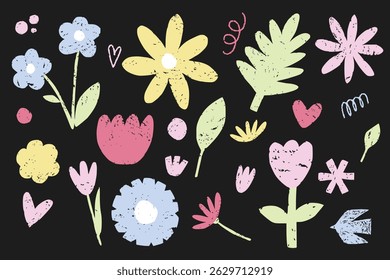 Definir o vetor de lápis de cera desenhado à Mão da Flor. Criança cor giz de cera mão desenhado com folha de planta, flor de primavera. Exemplo simples de rabiscar floral pastel. Sucursal de escova, flores, vetor floral botânico