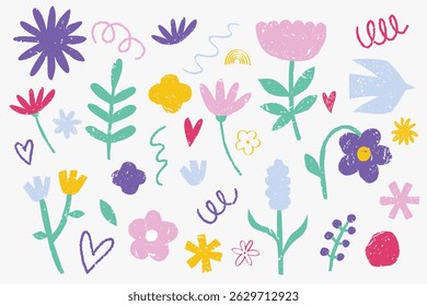 Set Flower Hand drawn crayon pencil vector. Child color crayon chalk hand drawn with plant leaf, spring flower. Pastel floral simple doodle illustration. Brush branch, flowers, botanical floral vector