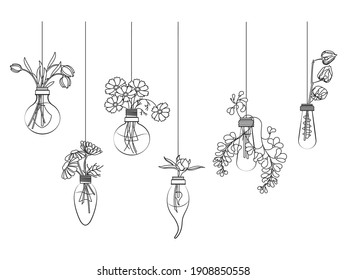 Juego de flores en las bombillas colgantes. Colección de bombillas florales con elementos botánicos. Flores de campo en jarrón. Decoración casera. Ilustración vectorial sobre fondo blanco.