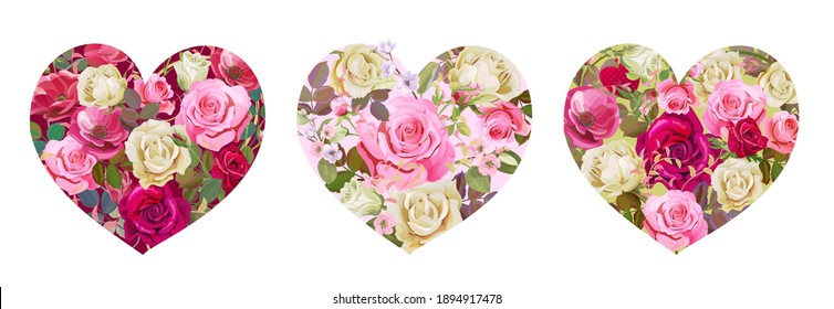 Set of flower hearts. Concept Valentine's Day, wedding card. White, red roses, anemones, green twigs, buds, leaves on white background. Panoramic view, digital draw, design in watercolor style, vector