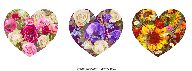 Set of flower hearts. Valentine's Day, wedding card. Roses, sunflowers, forget-me-nots, anemones, green twigs, buds, leaves on white background. Panoramic view, digital draw, design watercolor style