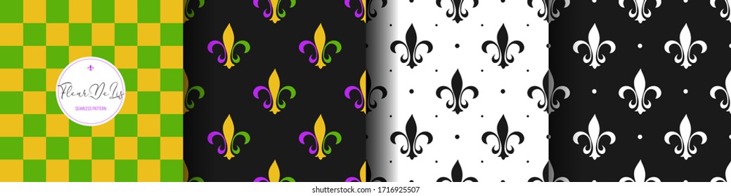 Set flower heraldic lily texture. Cell green, yellow seamless pattern. Fleur de lis royal symbol textile print. Vintage black and white wallpaper decor ornament. Vector illustration