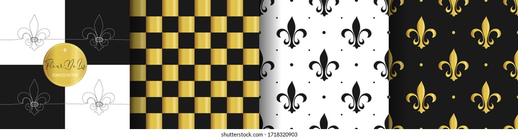 Set Flower Heraldic Lily Texture. Cell White, Golden Seamless Pattern. Fleur De Lis Royal Symbol Textile Print. Vintage Black And White Wallpaper Bathroom Decor Ornament. Vector Illustration