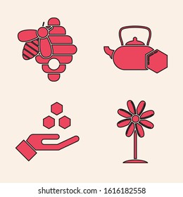 Set Flower, Hive for bees, Tea kettle with honey and Honeycomb and hand icon. Vector
